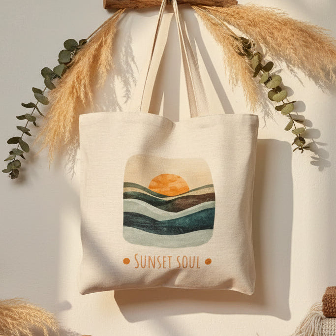 Tote bag with sunset design and 'Sunset Soul' text hanging on a hook against a white wall.