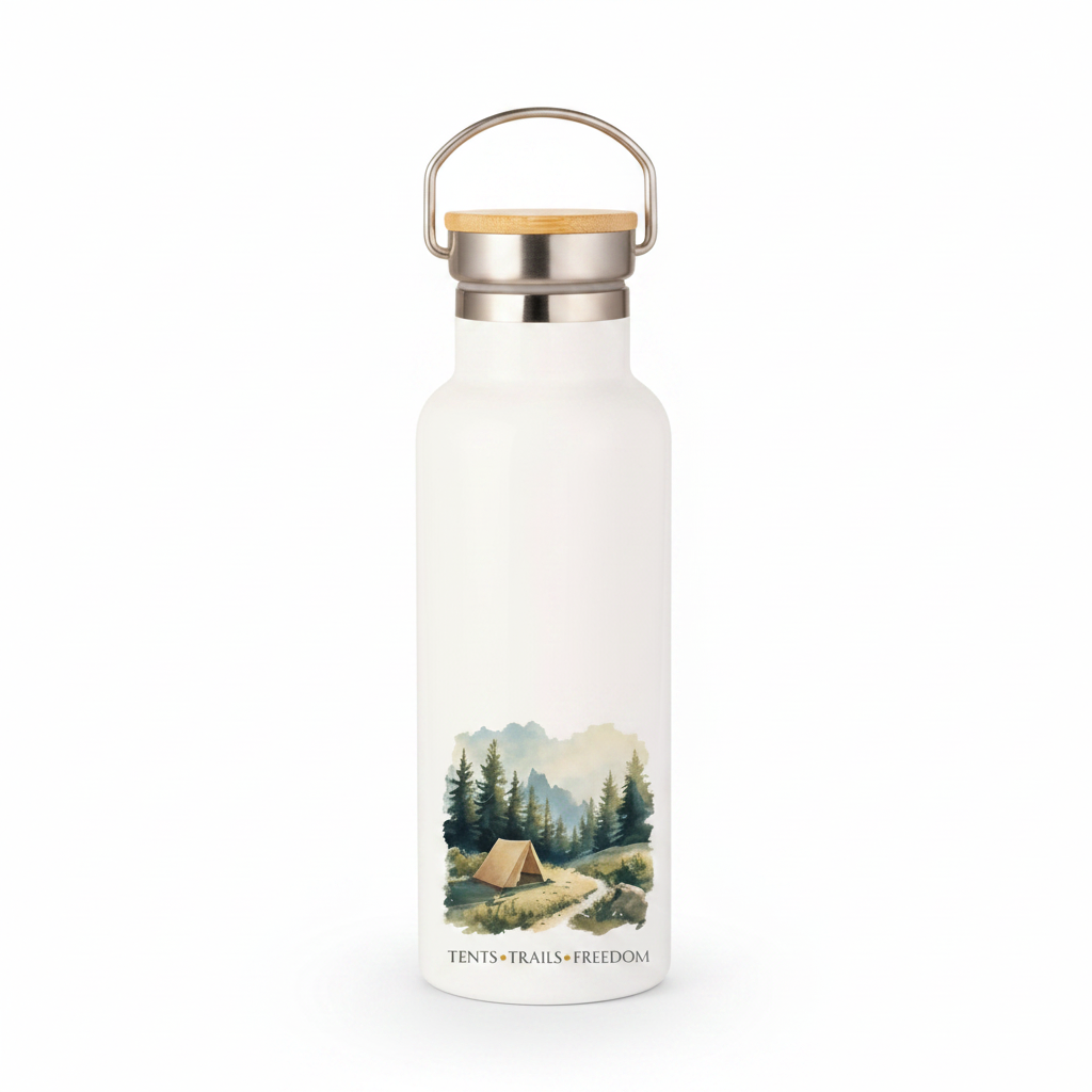 Tents Trails Freedom Metal Water Bottle – 500ml Stainless Steel Insulated Flask with Watercolour Camping Design