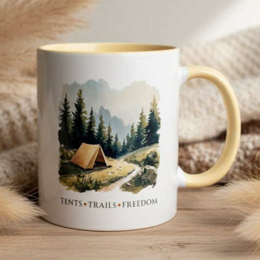 Tents Trails Freedom Ceramic Mug – Watercolour Camping in Nature Design