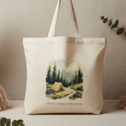 Tents Trails Freedom Tote Bag – Watercolour Camping Adventure Design