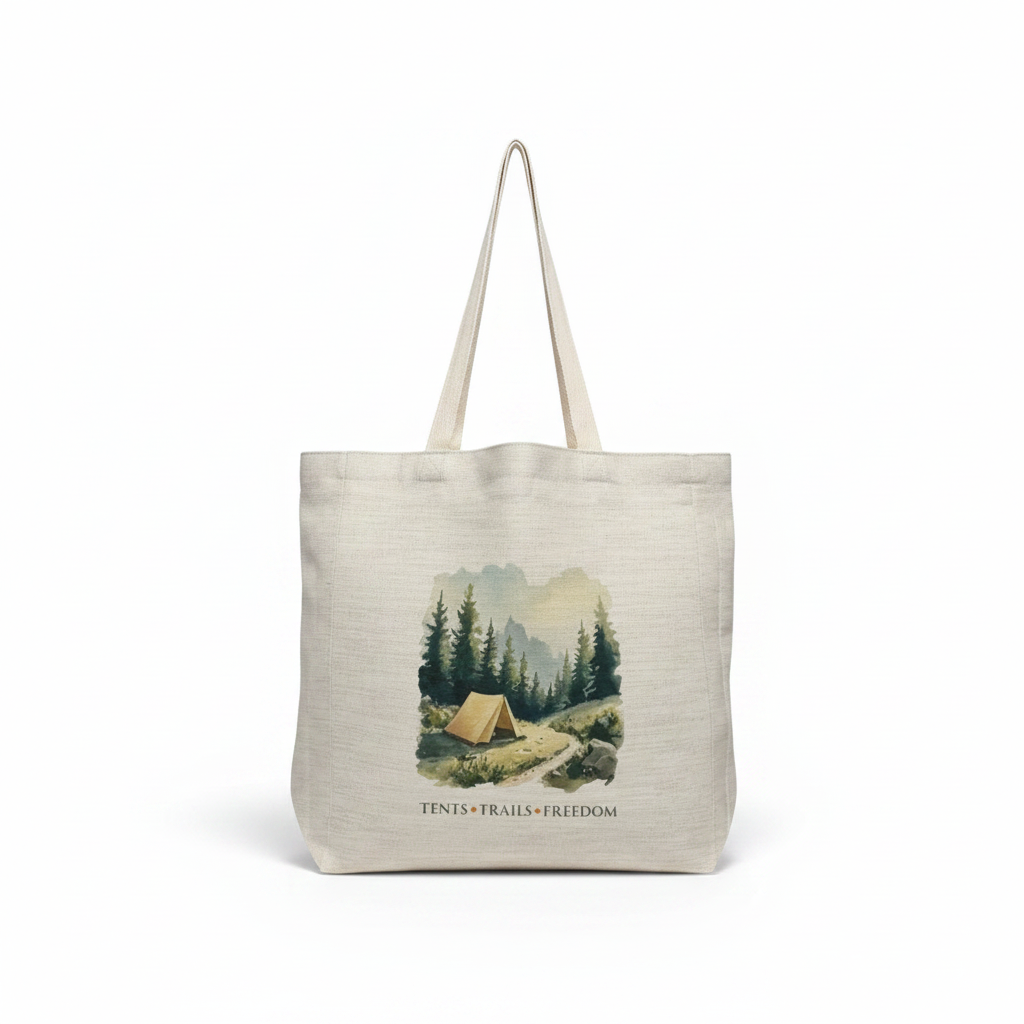Tents Trails Freedom Tote Bag – Watercolour Camping Adventure Design