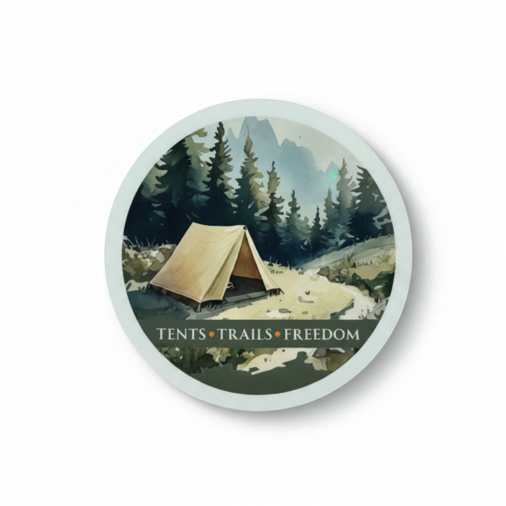 Tents, Trails, Freedom Round Coaster – Watercolour Camping Design | Outdoor Adventure & Boho Décor