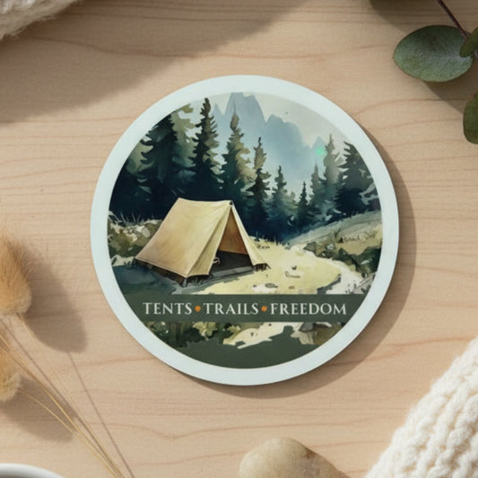 Tents, Trails, Freedom Round Coaster – Watercolour Camping Design | Outdoor Adventure & Boho Décor