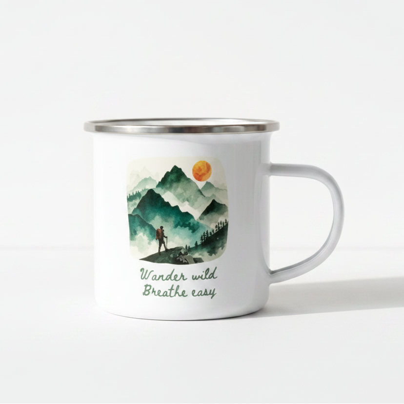 Wander Wild Breathe Easy Enamel Mug – 12oz Watercolour Hiking Mug
