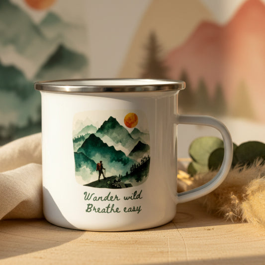 Wander Wild Breathe Easy Enamel Mug – 12oz Watercolour Hiking Mug