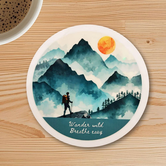 Wander Wild, Breathe Easy Round Coaster – Watercolour Mountain Hiker Design | Adventure & Nature Décor