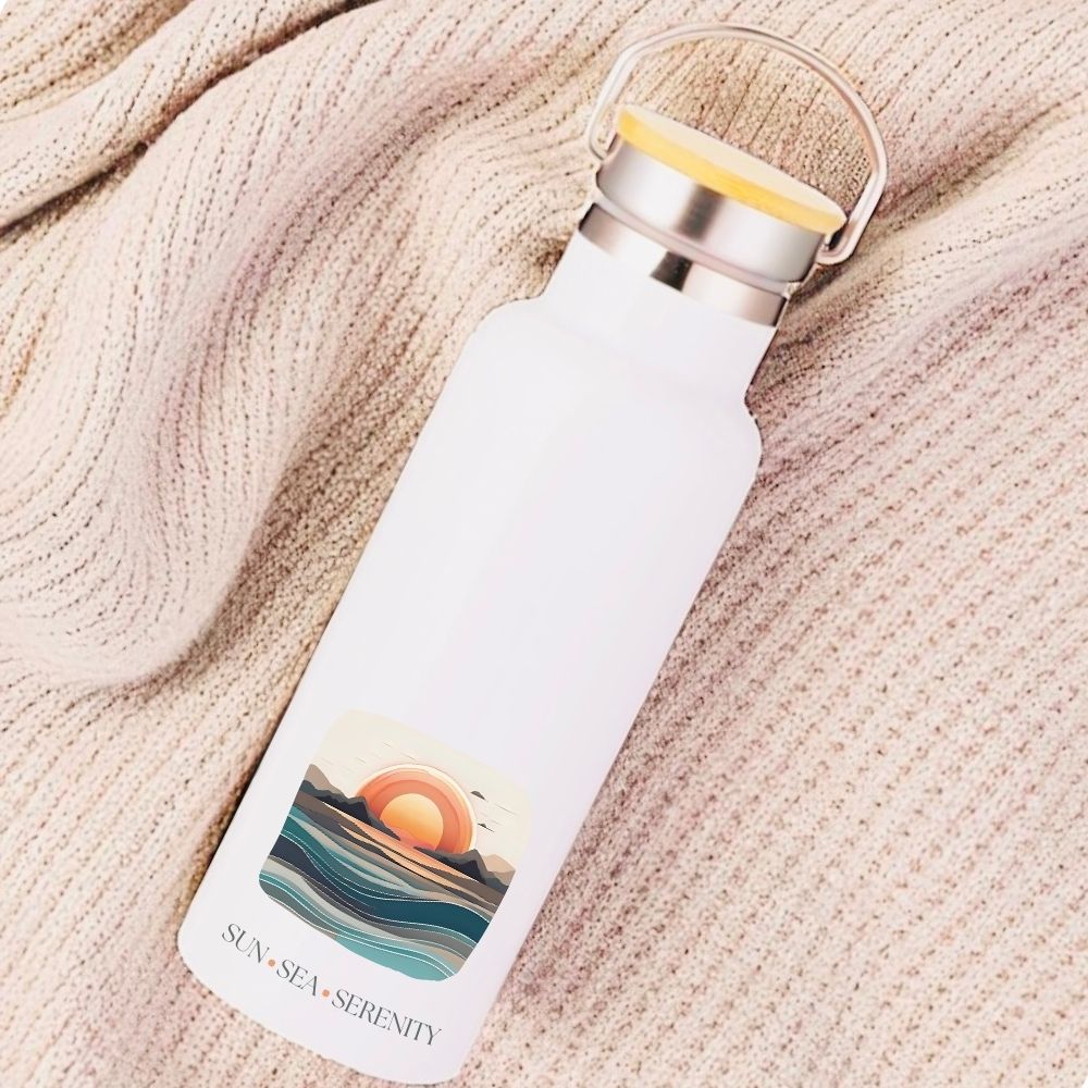 Sun Sea Serenity Metal Water Bottle – 500ml Stainless Steel Insulated Flask with Retro Sunset Ocean Design