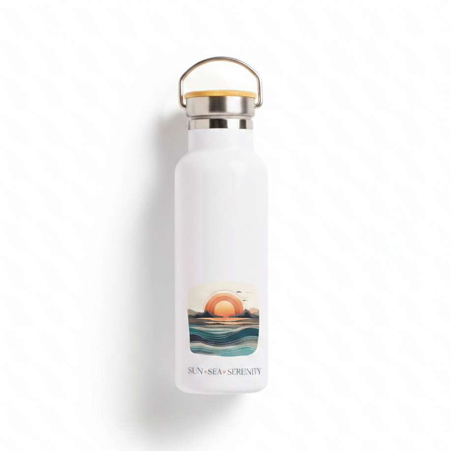 Sun Sea Serenity Metal Water Bottle – 500ml Stainless Steel Insulated Flask with Retro Sunset Ocean Design
