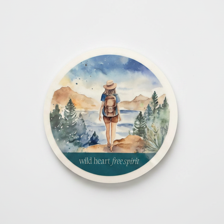 Wild Heart Free Spirit Round Coaster – Watercolour Wanderlust Female Explorer Design | Boho Adventure Décor