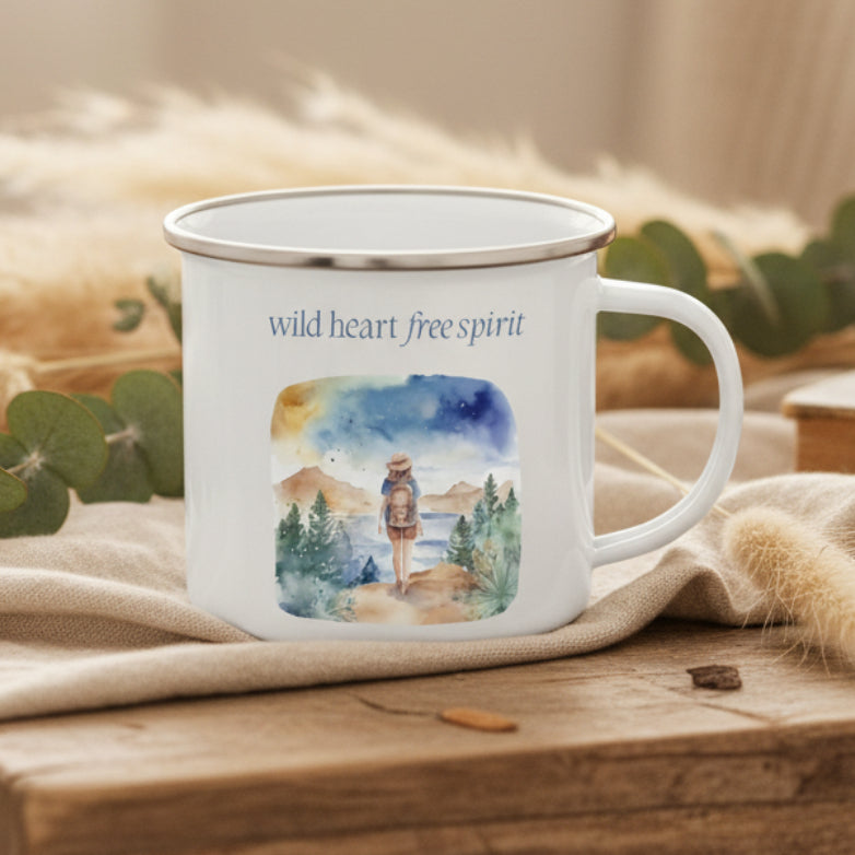 Wild Heart Free Spirit Enamel Mug – 12oz Camping Coffee Cup with Watercolour Wanderlust Design