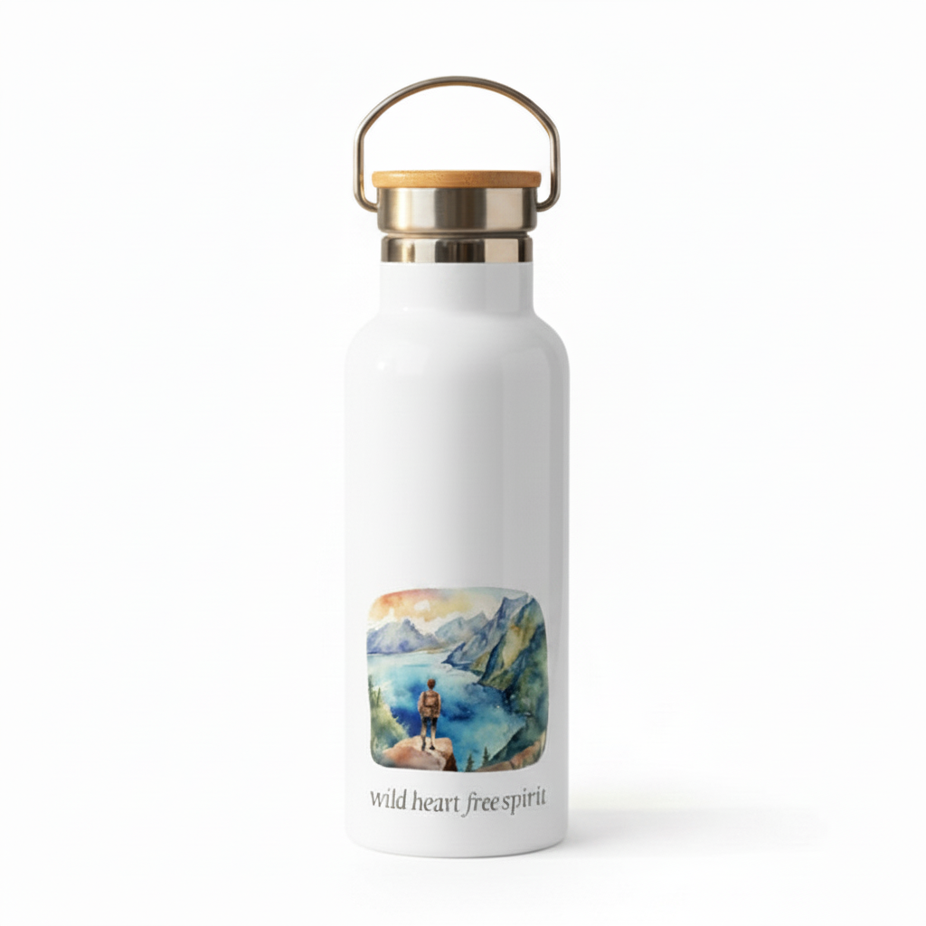 Wild Heart Free Spirit Metal Water Bottle – 500ml Stainless Steel Insulated Flask with Watercolour Male Hiking Design